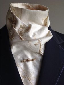 Shaped to tie 100% silk riding stock - ivory with gold colour and gold metallic floral embroidery