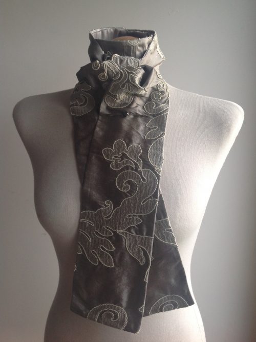 Shaped to tie 100% silk stock - pewter heavyweight Baroque floral embroidery