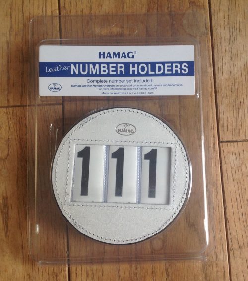 Hamag leather bridle number holder white round