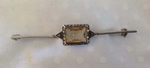 Art Deco Sterling silver rectangular citrine and marcasite stock pin