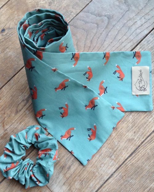 Shaped to tie 100% cotton riding stock and scrunchie - Fox on aqua green