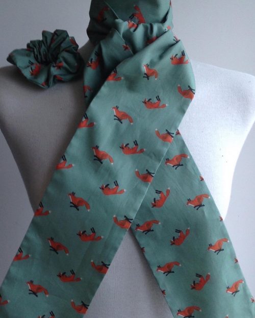 Shaped to tie 100% cotton riding stock and scrunchie - Fox on aqua green