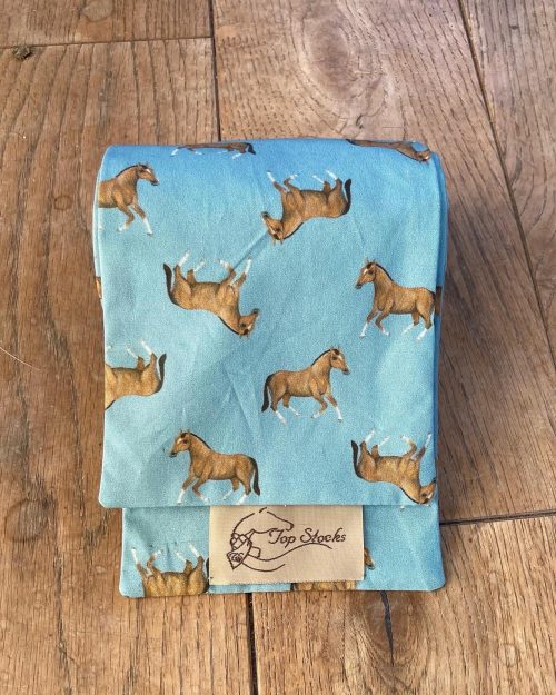 Shaped to tie 100% cotton riding stock - Sol bay horse on duck egg blue.