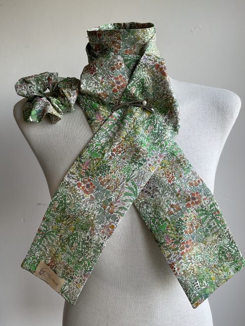 Shaped to tie stock and scrunchie - Liberty organic tana lawn Garden of Eden