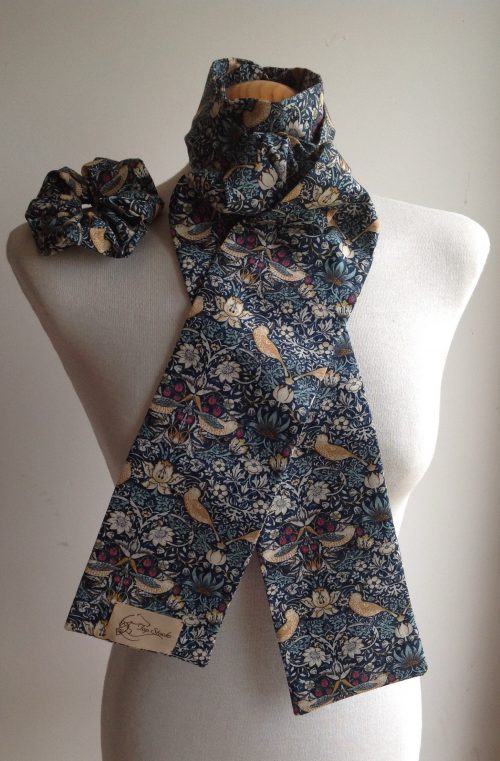 Shaped to tie stock and scrunchie - 100% cotton Strawberry Thief deep blue multi colourway Copy - Image 3
