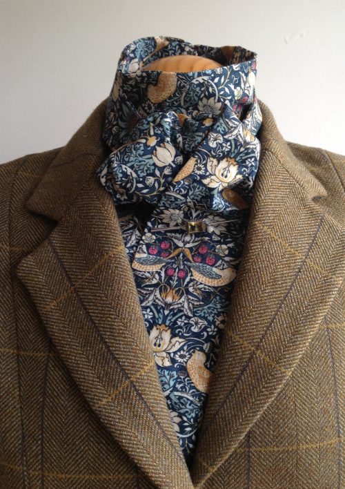 Shaped to tie stock and scrunchie - 100% cotton Strawberry Thief deep blue multi colourway Copy